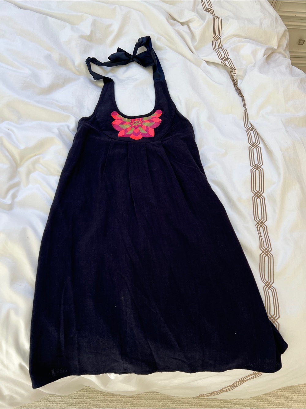 Boutique Navy Halter Dress with Pink Floral Applique not lined